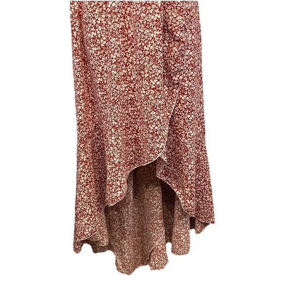 Grecerelle Faux Wrap Maxi Dress Medium Red Floral  Flutter Sleeve Hi Low no belt - Picture 5 of 14